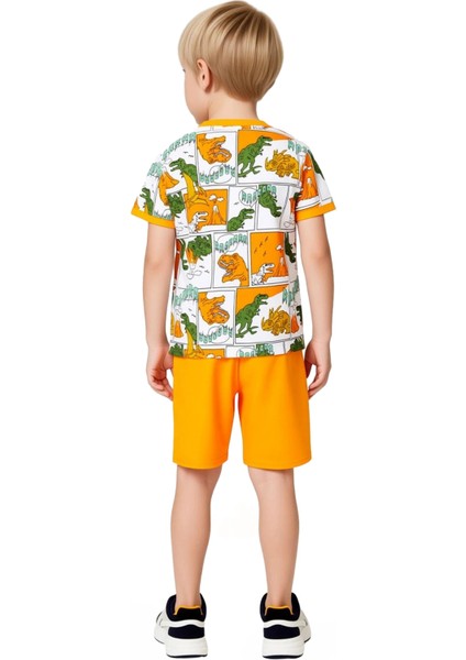 Erkek Çocuk Dinozor Temalı Çizgi Roman Baskılı Kısa Kollu Üst ve Şort Takımı Kaliteli Şık Rahat indirimleri