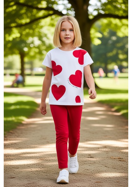 Kız Çocuk Pamuklu Kalp Baskılı Bisiklet Yaka T Shirt ve Tayt Takımı Kaliteli Şık Rahat