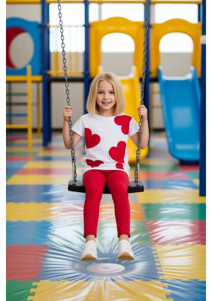 Kız Çocuk Pamuklu Kalp Baskılı Bisiklet Yaka T Shirt ve Tayt Takımı Kaliteli Şık Rahat modelleri