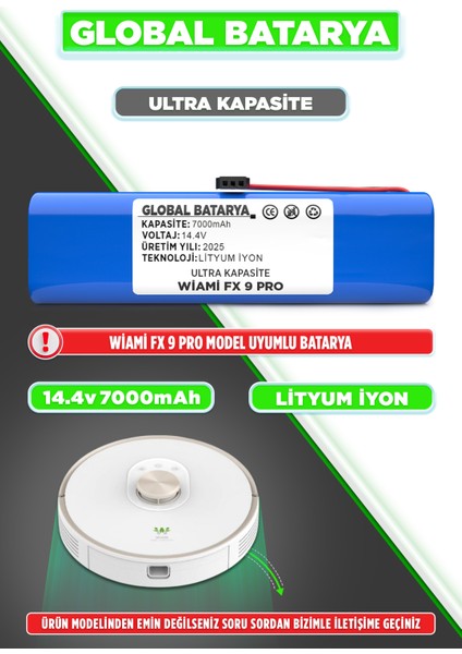 Wiami Fx9 Pro Uyumlu Akıllı Robot Süpürge Batarysaı 14.4V 7000MAH Li-Ion Pil (Ultra Kapasite)