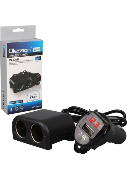 1641 12-24V Tek USB Girişli 120W 80CM Kablolu Dijital Voltaj Ekranlı 2'li Araç Çakmak Çoklayıcı