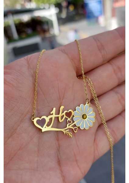 925 Ayar Gümüş 24 Ayar Altın Kaplama Harfli Papatya Kolye