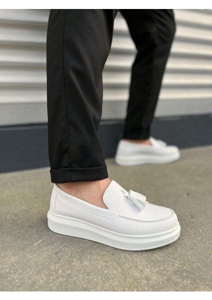 JY154 Blaze Bağcıksız Püsküllü Cilt Erkek Günlük Spor Klasik Ayakkabı Cbt - Beyaz