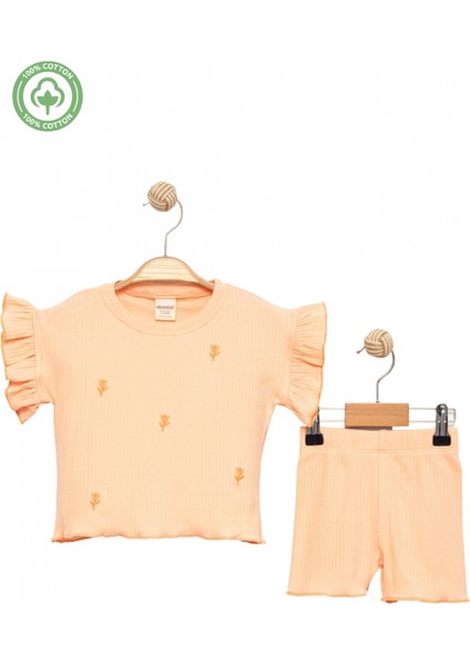 Kız Bebek Takım Somon %100 Pamuk Kısa Kollu Fırfırlı Bluz Şortlu Çiçek Nakışlı Alt Üst Takım
