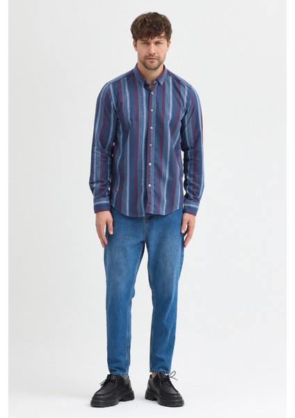 Erkek Dikine Çizgili Melanj Button Down Regular Fit Pamuk Polyester Gömlek