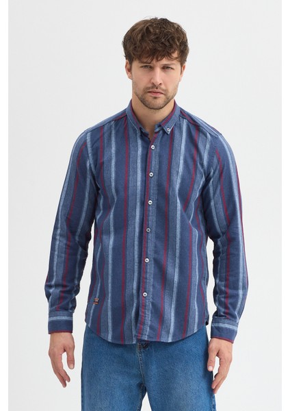 Erkek Dikine Çizgili Melanj Button Down Regular Fit Pamuk Polyester Gömlek modelleri