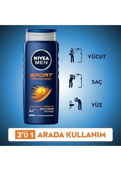 Nıvea Men Erkek Sports Duş Jeli, 500 Ml, 3ü 1 Arada Kullanım, Vücut, Yüz ve Saç, 24 Saat Ferahlık, Enerji Veren Koku