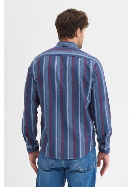 Erkek Dikine Çizgili Melanj Button Down Regular Fit Pamuk Polyester Gömlek