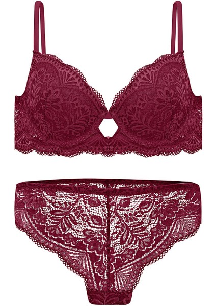 Dantelli Dekolte Sütyen Külot Takım Push Up, 2451 Vişne Rengi