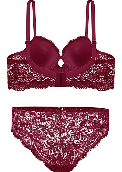 Dantelli Dekolte Sütyen Külot Takım Push Up, 2451 Vişne Rengi fiyatları