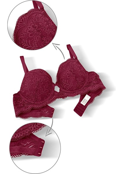 Dantelli Dekolte Sütyen Külot Takım Push Up, 2451 Vişne Rengi indirimleri