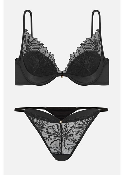 Leonie Brodeli Parlak Taş Detaylı Saten Biyeli Sütyen Külot Takım - 2724 - Siyah