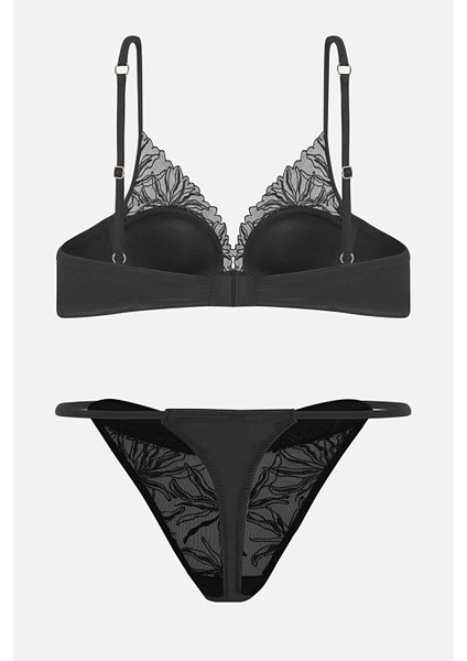 Leonie Brodeli Parlak Taş Detaylı Saten Biyeli Sütyen Külot Takım - 2724 - Siyah