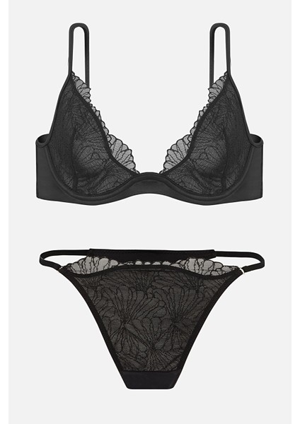 Wire Brodeli Saten Biyeli Kapsız Sütyen Külot Takım - 2723 - Siyah