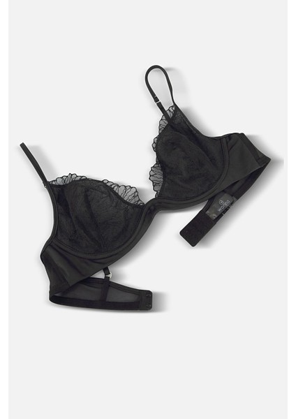 Wire Brodeli Saten Biyeli Kapsız Sütyen Külot Takım - 2723 - Siyah fırsatları