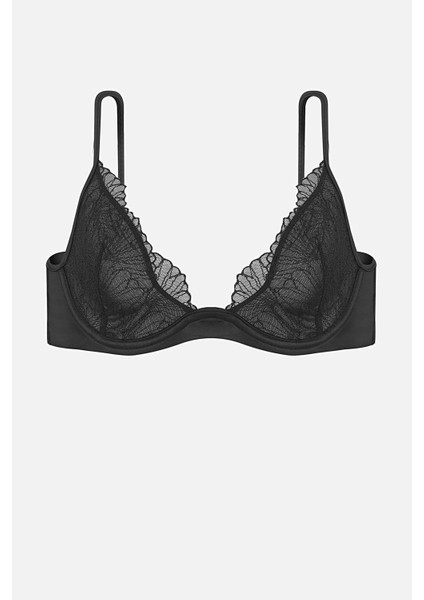 Wire Brodeli Saten Biyeli Kapsız Sütyen Külot Takım - 2723 - Siyah