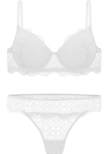 Anna 2736 Dantelli Dekolte Sütyen ve Külot Takımı- Dolgusuz Ekru
