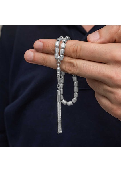 Gümüş Kapsül Kesim Çizgili Erkek Tesbih