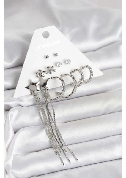 Gümüş Renk Pirinç 6 Çift Kadın Küpe Seti