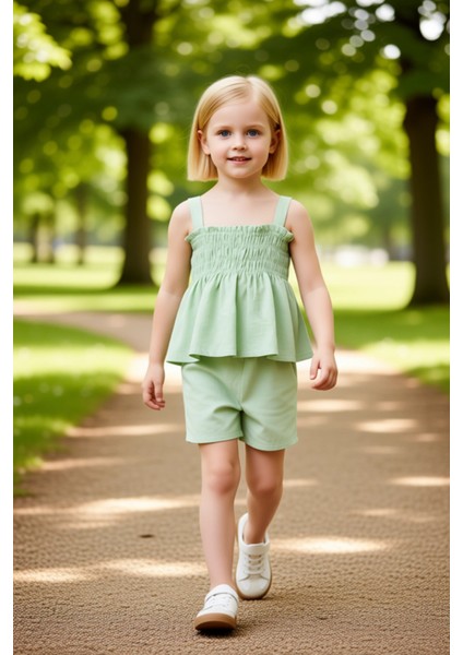 Kız Çocuk Pamuklu Müslin Dokuma Kolsuz Üst ve Şort Takımı Kaliteli Şık Rahat Günlük