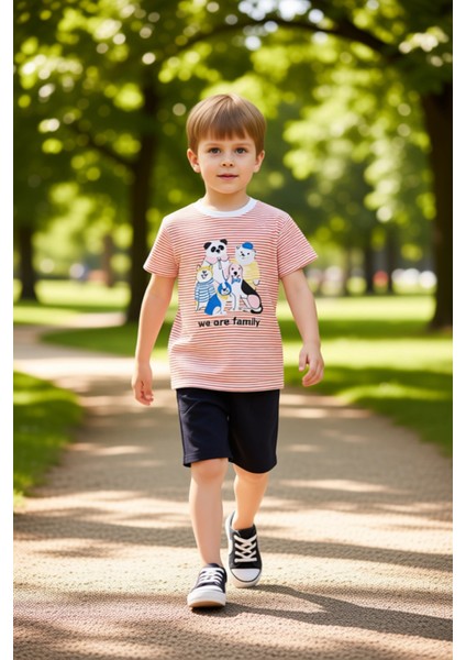 Erkek Çocuk Sevimli Hayvan Baskılı Pamuklu Örme Kısa Kollu Tişört ve Şort Takımı Kaliteli Şık