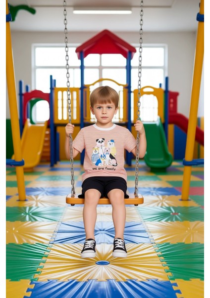 Erkek Çocuk Sevimli Hayvan Baskılı Pamuklu Örme Kısa Kollu Tişört ve Şort Takımı Kaliteli Şık modelleri