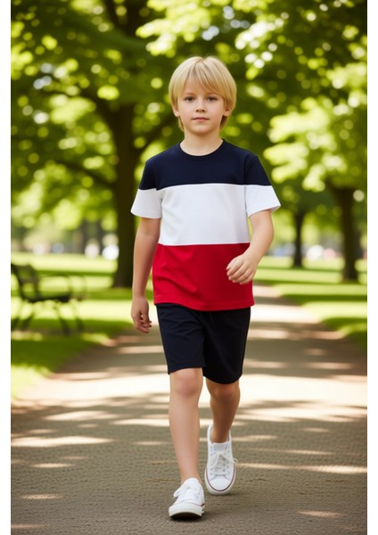 Erkek Çocuk Pamuklu Bisiklet Yaka Kısa Kollu Üst ve Şort Takımı Kaliteli Şık Rahat