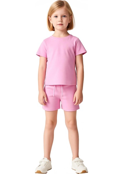 Kız Çocuk Esnek Bel Örme Şortlu Bisiklet Yaka Kısa Kollu Üst Takımı Kaliteli Şık Rahat fırsatları