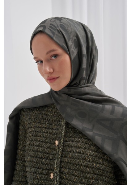 Yazı Desen Jakar Italyan Ipekli Şal Haki