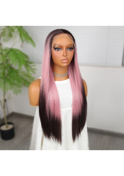 Koyu Kestane Pembe Ombreli Fiber Sentetik Tül Peruk modelleri