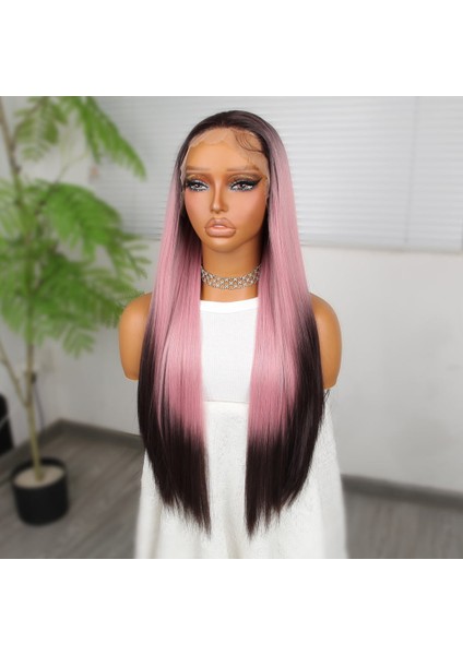 Koyu Kestane Pembe Ombreli Fiber Sentetik Tül Peruk fırsatları