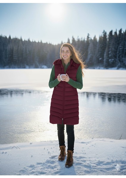 Kmk Kombin Kadın Uzun Önü Fermuarlı Kapişonlu Şişme Yelek modelleri