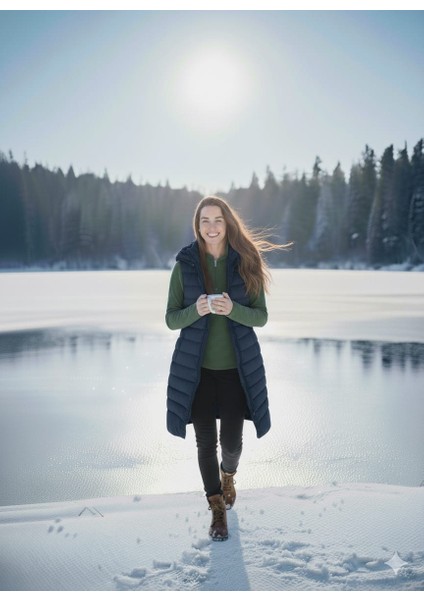 Kmk Kombin Kadın Uzun Önü Fermuarlı Kapişonlu Şişme Yelek