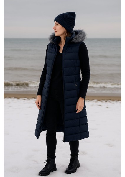 Kmk Kombin Kadın Uzun Önü Fermuarlı Kapişonlu Şişme Yelek fiyatları