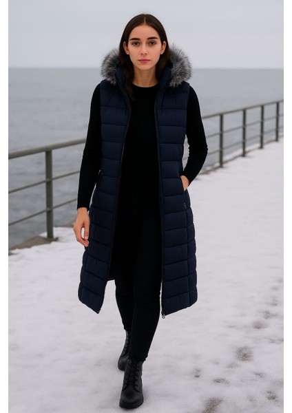 Kmk Kombin Kadın Uzun Önü Fermuarlı Kapişonlu Şişme Yelek fırsatları