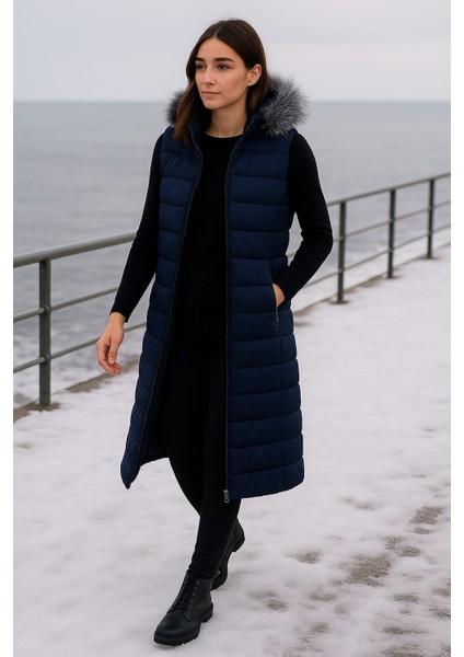 Kmk Kombin Kadın Uzun Önü Fermuarlı Kapişonlu Şişme Yelek indirimleri