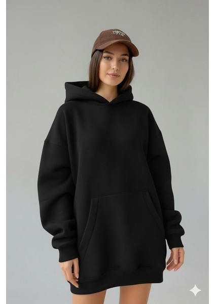 Kadın Oversize Siyah Sweatshirt 3 Iplik Şardonlu Kapüşonlu Cepli – Rahat Kalıp