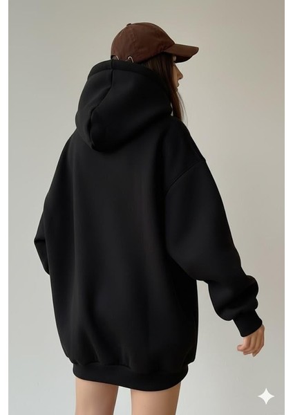 Kadın Oversize Siyah Sweatshirt 3 Iplik Şardonlu Kapüşonlu Cepli – Rahat Kalıp fiyatları