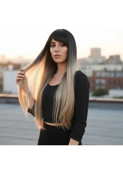 Fiber Sentetik Uzun Düz Kahküllü Peruk - Siyah / Balköpüğü Ombreli