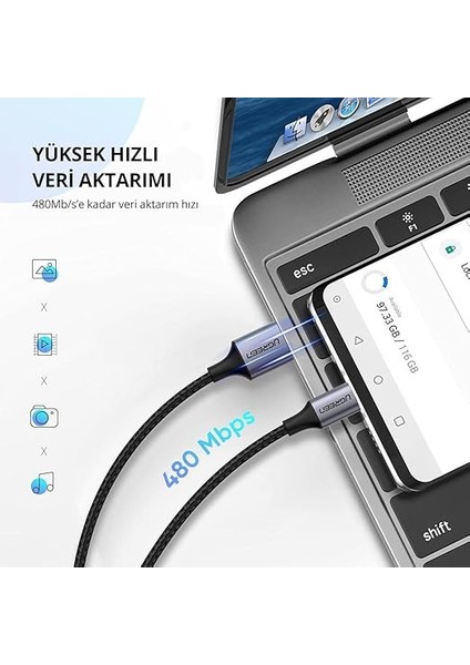 Örgülü USB Type-C Şarj ve Data Kablosu, 1.5 Metre, Siyah modelleri