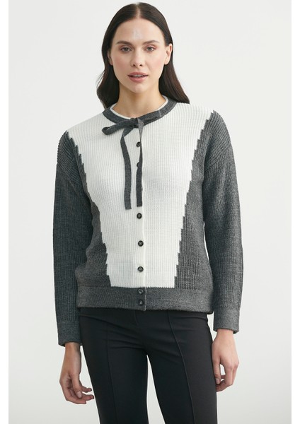 Yünlü Çift Renk Düğmeli Triko Hırka - Koyu Gri