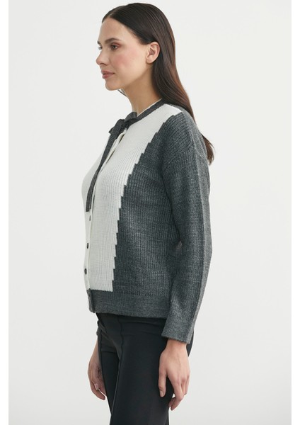 Yünlü Çift Renk Düğmeli Triko Hırka - Koyu Gri fırsatları