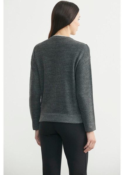 Yünlü Çift Renk Düğmeli Triko Hırka - Koyu Gri indirimleri