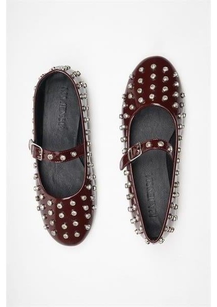 151228 Taş Detaylı Babet Hakiki Deri Bordo Rugan modelleri