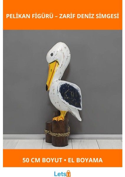 El Boyaması Ahşap Pelikan 50 cm Dekoratif Figür