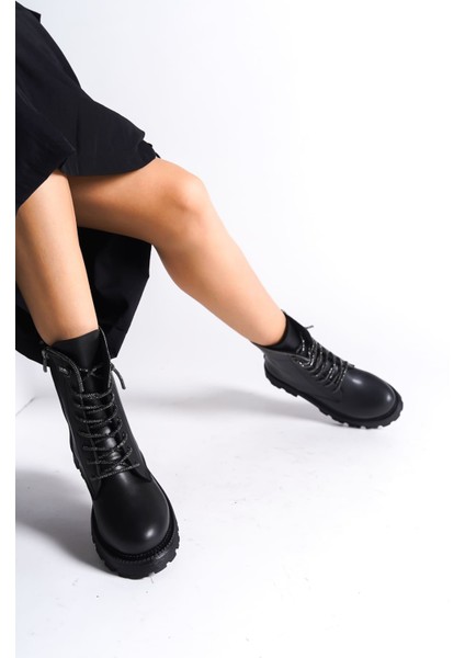 New Pamela Bağcıklı Fermuarlı Simli İp Kadın Siyah Deri Bot modelleri