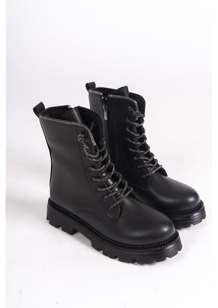 New Pamela Bağcıklı Fermuarlı Simli İp Kadın Siyah Deri Bot fırsatları