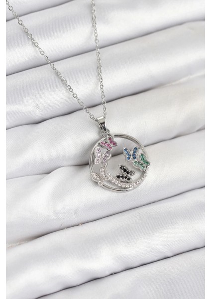 316L Çelik Zincir Gümüş Renk Zirkon Taşlı Kelebekli Kadın Kolye