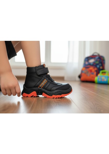 Siyah Turuncu Hakiki Deri Ortopedik Çocuk Botu modelleri
