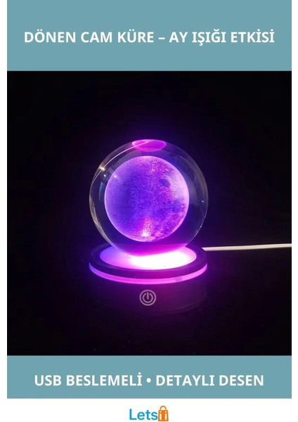 Usb'li Dolunay Tasarımlı Dönen Cam Küre 8 cm